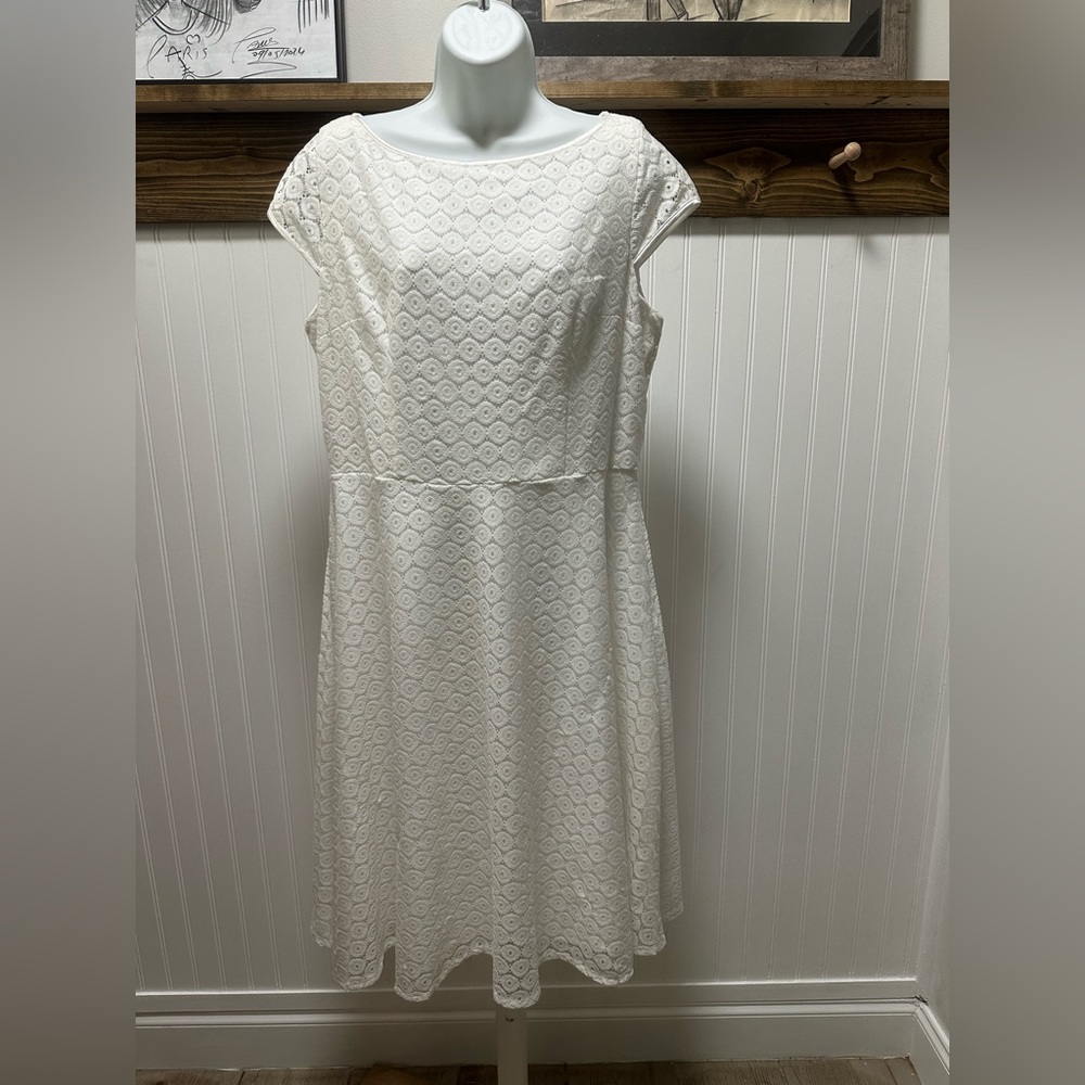 Evan Picone White Lace Dress Sz 14 Cap Sleeve Fit &. Flare Boho Beachy Church